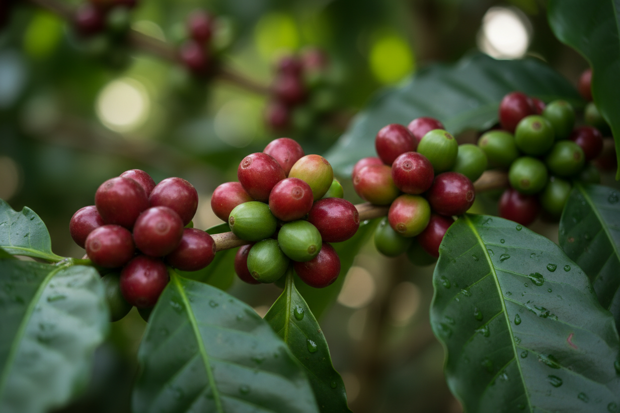 Coffee cherries red and green on branch